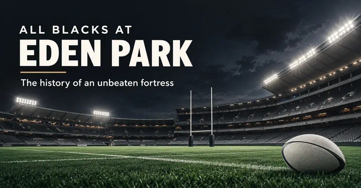 Graphic of a floodlit rugby stadium with goalposts and a rugby ball on the turf, titled “All Blacks at Eden Park: The history of an unbeaten fortress”.