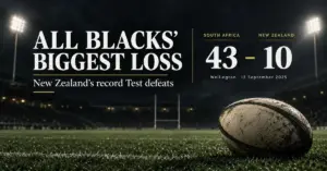 A rugby ball on a floodlit pitch beneath the headline “All Blacks’ Biggest Loss” and South Africa’s 43–10 score against New Zealand in Wellington on 13 September 2025.