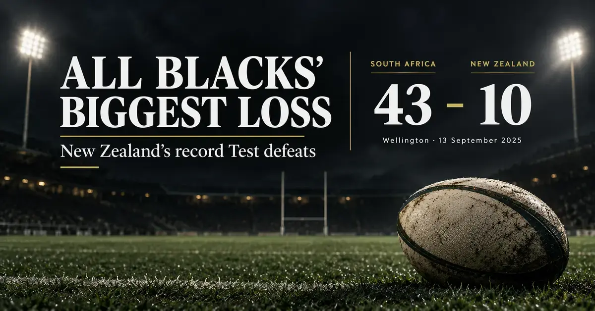 A rugby ball on a floodlit pitch beneath the headline “All Blacks’ Biggest Loss” and South Africa’s 43–10 score against New Zealand in Wellington on 13 September 2025.
