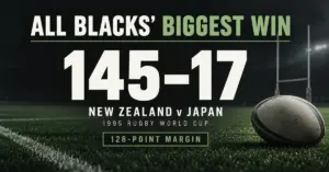 Graphic showing the All Blacks’ 145–17 win over Japan at the 1995 Rugby World Cup and the 128-point margin, with a rugby ball and goalposts on a dark pitch.
