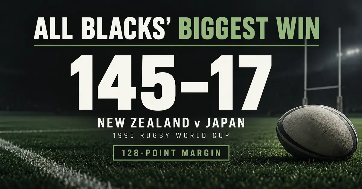 Graphic showing the All Blacks’ 145–17 win over Japan at the 1995 Rugby World Cup and the 128-point margin, with a rugby ball and goalposts on a dark pitch.