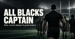 An illustrated rugby captain in a plain black kit carries a ball on a floodlit pitch with teammates beside the words “All Blacks Captain”.