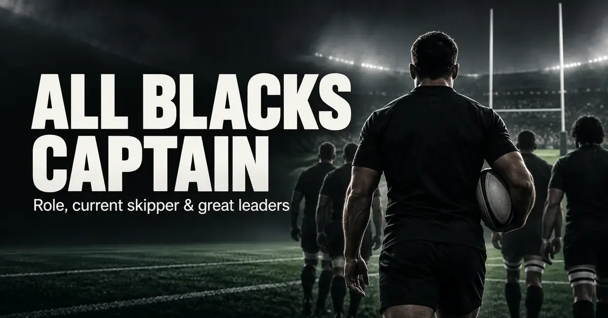 An illustrated rugby captain in a plain black kit carries a ball on a floodlit pitch with teammates beside the words “All Blacks Captain”.