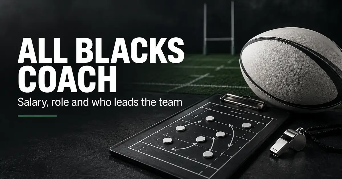 A rugby ball, tactics clipboard and whistle beside the heading ‘All Blacks Coach’ and subtitle ‘Salary, role and who leads the team’ on a dark rugby pitch background.