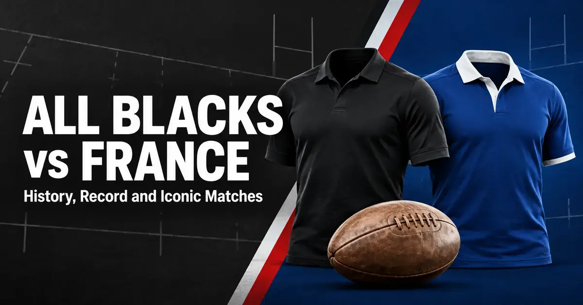 Black and blue rugby jerseys beside a vintage leather rugby ball, with the title All Blacks vs France: History, Record and Iconic Matches.