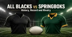 Black and green-and-gold rugby jerseys flank a rugby ball beneath the title All Blacks vs Springboks: History, Record and Rivalry in a floodlit stadium.