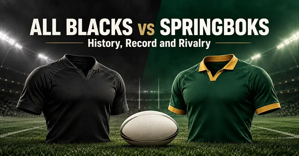 Black and green-and-gold rugby jerseys flank a rugby ball beneath the title All Blacks vs Springboks: History, Record and Rivalry in a floodlit stadium.