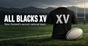 A black rugby jersey marked XV and a rugby ball on a pitch beside the words ‘All Blacks XV’ and ‘New Zealand’s second national team’.