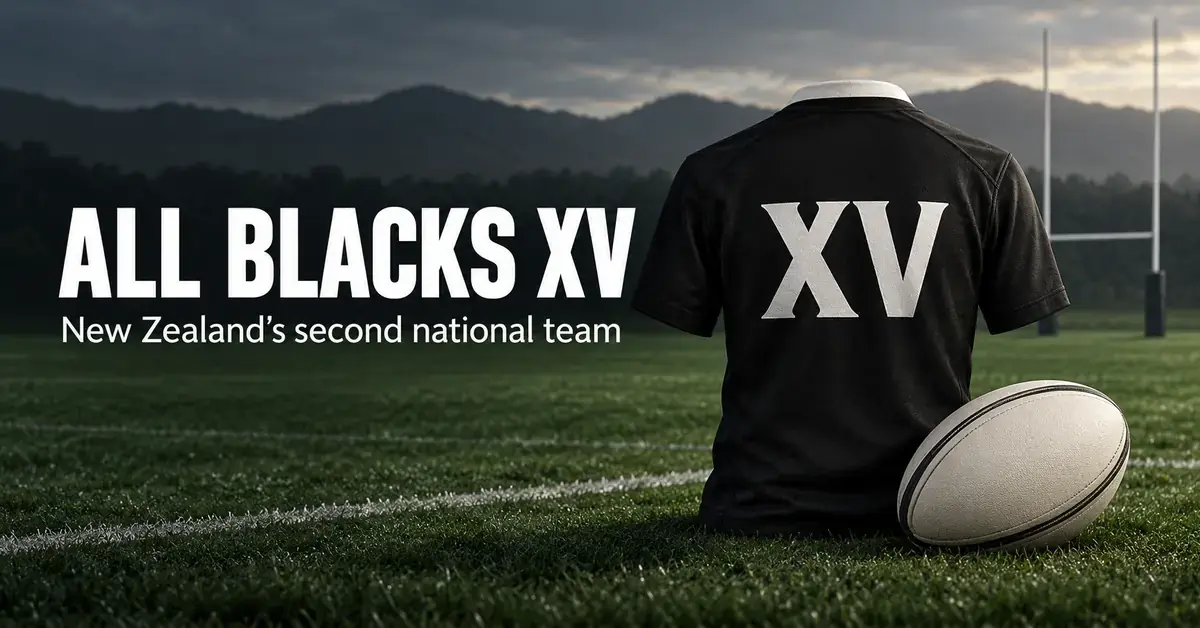 A black rugby jersey marked XV and a rugby ball on a pitch beside the words ‘All Blacks XV’ and ‘New Zealand’s second national team’.