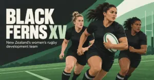 Illustration of three women rugby players in black kits running with a ball beside the text ‘Black Ferns XV — New Zealand’s women’s rugby development team’.