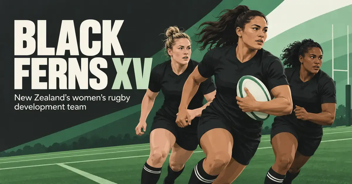 Illustration of three women rugby players in black kits running with a ball beside the text ‘Black Ferns XV — New Zealand’s women’s rugby development team’.