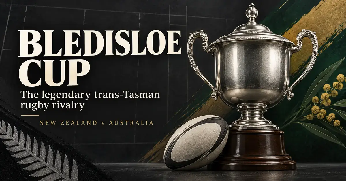 Silver rugby trophy and ball against a black, green and gold background, with text highlighting the Bledisloe Cup rivalry between New Zealand and Australia.