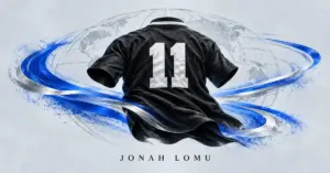 A black number 11 rugby jersey surrounded by blue and silver trails around a globe symbolises Jonah Lomu’s global legacy, with his name beneath.