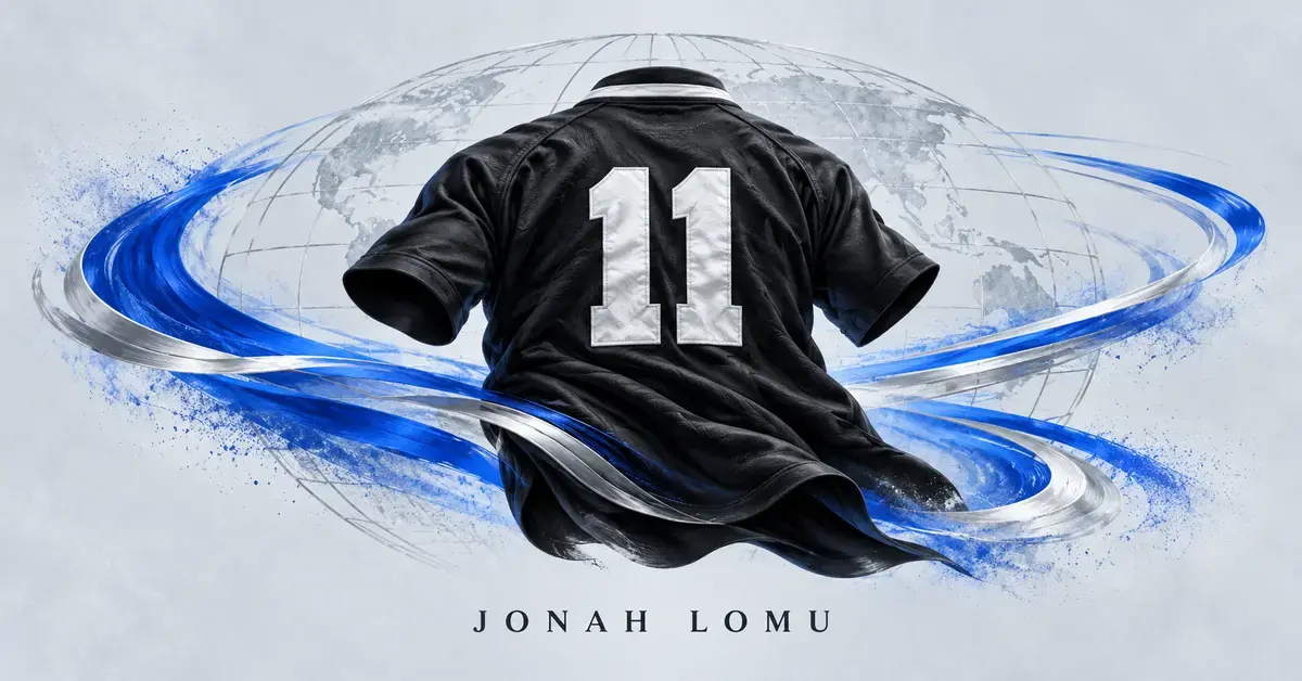 A black number 11 rugby jersey surrounded by blue and silver trails around a globe symbolises Jonah Lomu’s global legacy, with his name beneath.
