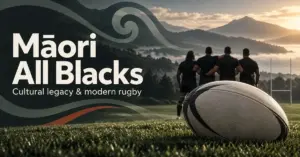 Graphic featuring a rugby ball, four players in black kits and koru-inspired curves against New Zealand hills, with the heading ‘Māori All Blacks’.