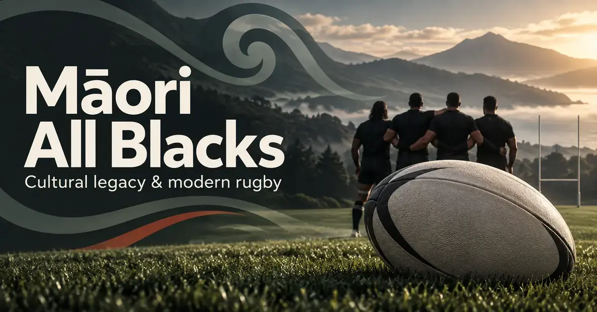 Graphic featuring a rugby ball, four players in black kits and koru-inspired curves against New Zealand hills, with the heading ‘Māori All Blacks’.