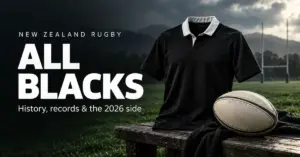 A plain black rugby jersey and ball on a rugby ground beside the words “All Blacks: History, records & the 2026 side”.