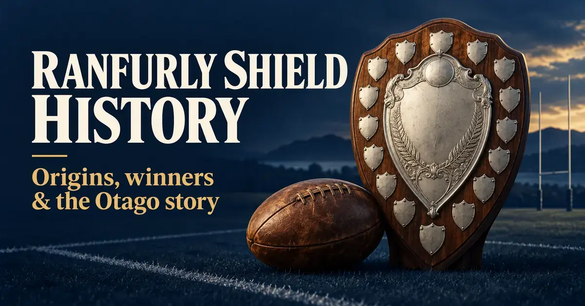 A stylised wooden rugby shield and vintage leather ball on a rugby pitch beside the words “Ranfurly Shield History: Origins, winners & the Otago story”.