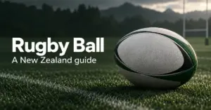A white rugby ball with green and black panels rests on a rugby pitch beside the words ‘Rugby Ball’ and ‘A New Zealand guide’.