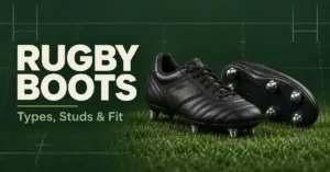 Black rugby boots on grass, showing the leather upper and metal studs beside the text ‘Rugby Boots: Types, Studs & Fit’.