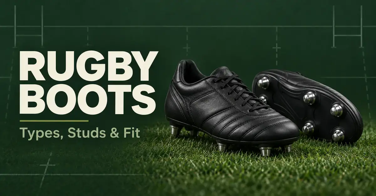 Black rugby boots on grass, showing the leather upper and metal studs beside the text ‘Rugby Boots: Types, Studs & Fit’.