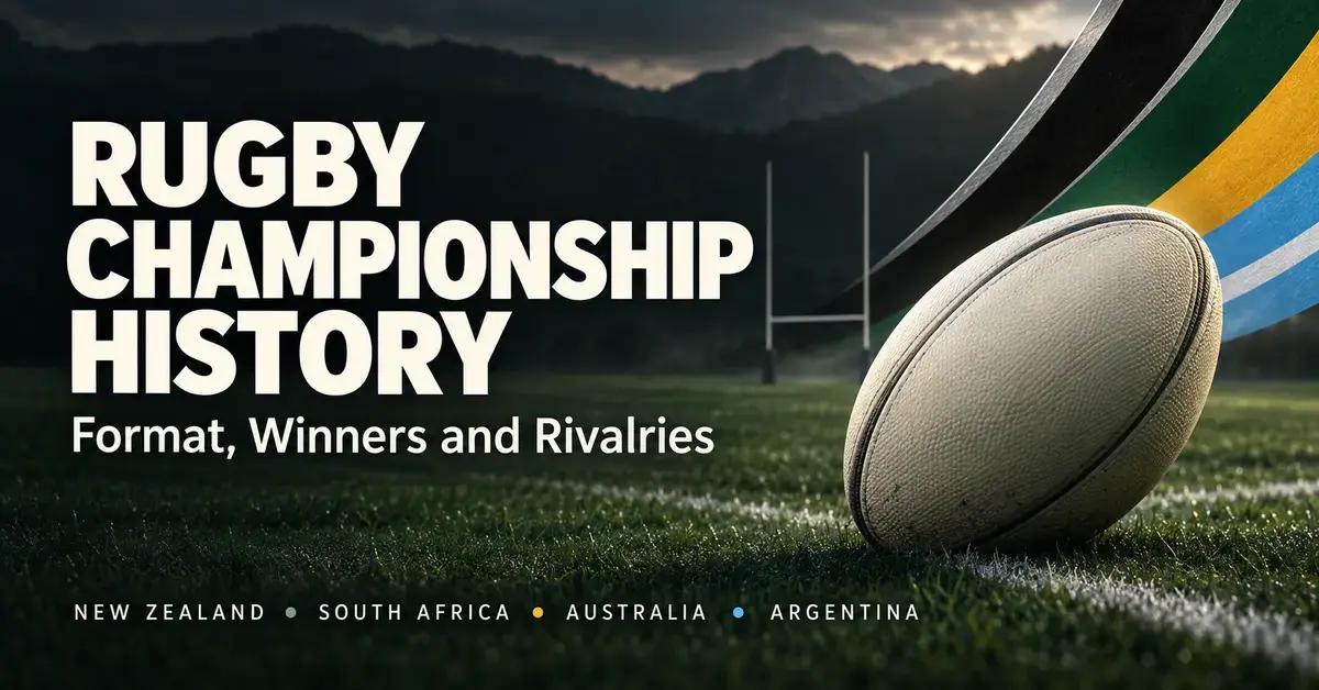 A rugby ball on a pitch beside the title Rugby Championship History, with coloured bands representing New Zealand, South Africa, Australia and Argentina.