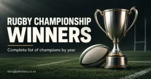 A silver trophy and rugby ball on a dark green pitch beside the title Rugby Championship Winners and the subtitle Complete list of champions by year.