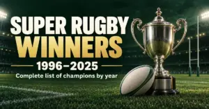 A silver trophy and rugby ball on a floodlit pitch beside the words “Super Rugby Winners 1996–2025” and “Complete list of champions by year”.