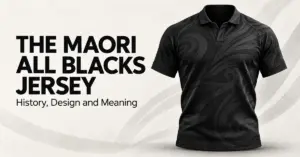 An unbranded black rugby jersey with subtle swirling patterns beside the title ‘The Maori All Blacks Jersey: History, Design and Meaning’ on an ivory background.